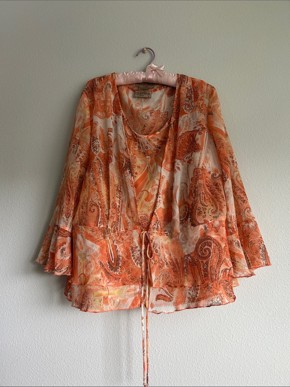 2 in 1 Vintage Notations Orange Paisley Sheer Drawstring Blouse - Top And Cover